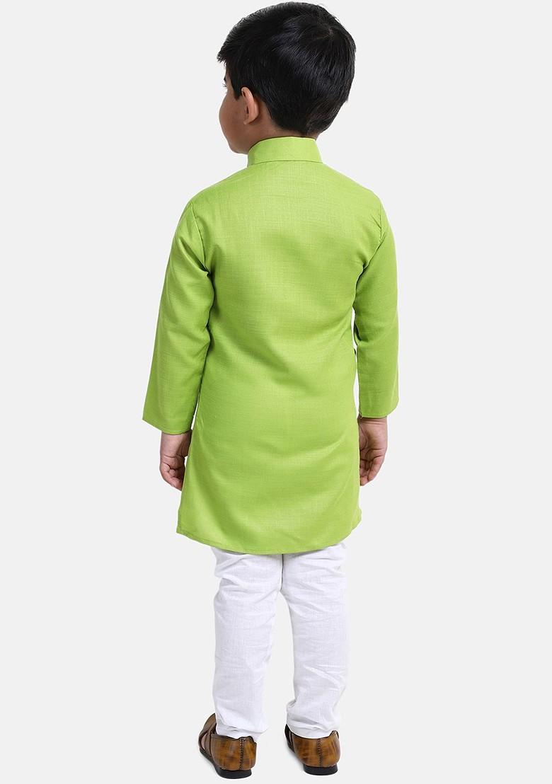 Green Solid Blended Kurta Set For Boys - Indya