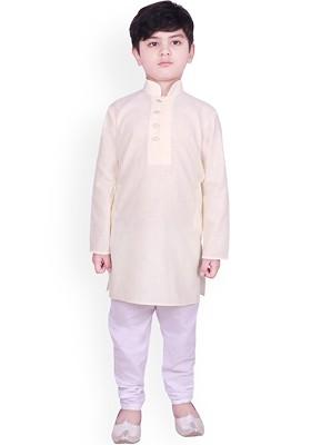 Cream Solid Blended Kurta Set For Boys