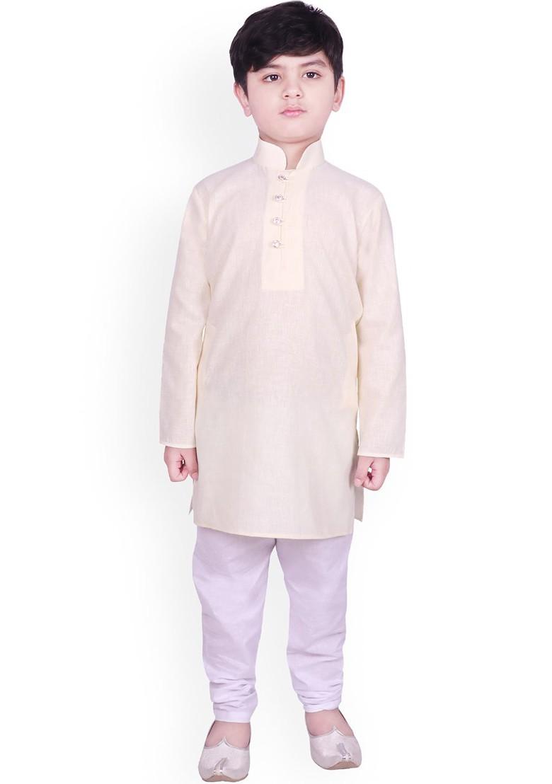 Cream Solid Blended Kurta Set For Boys - Indya