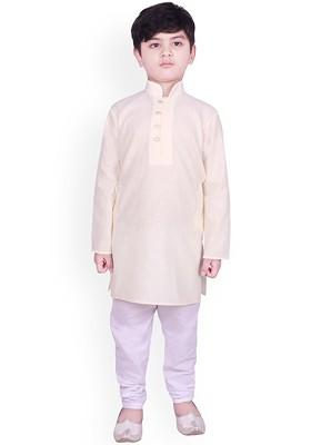 Yellow Solid Blended Kurta Set For Boys