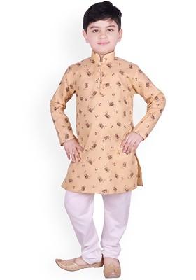 Brown Printed Blended Kurta Set For Boys