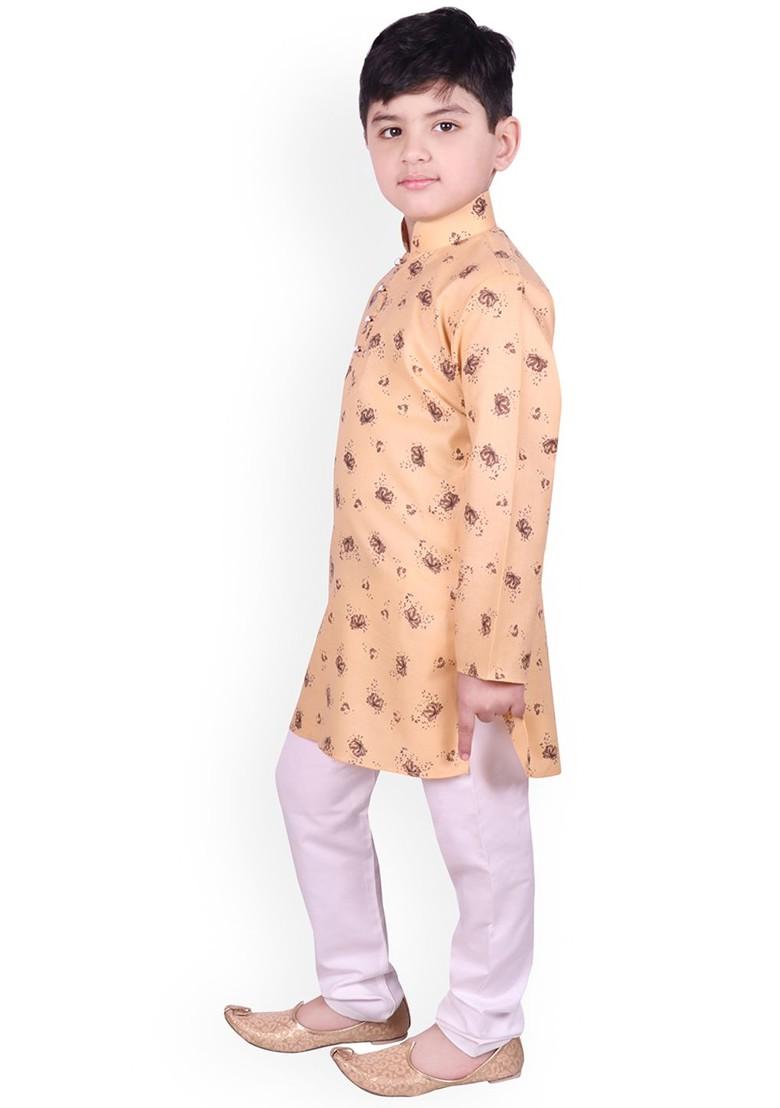 Brown Printed Blended Kurta Set For Boys - Indya