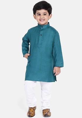 Teal Solid Blended Kurta Set For Boys
