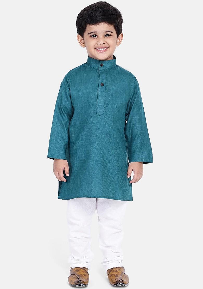 Teal Solid Blended Kurta Set For Boys - Indya