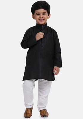 Black Solid Blended Kurta Set For Boys