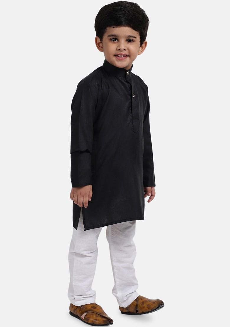 Black Solid Blended Kurta Set For Boys - Indya