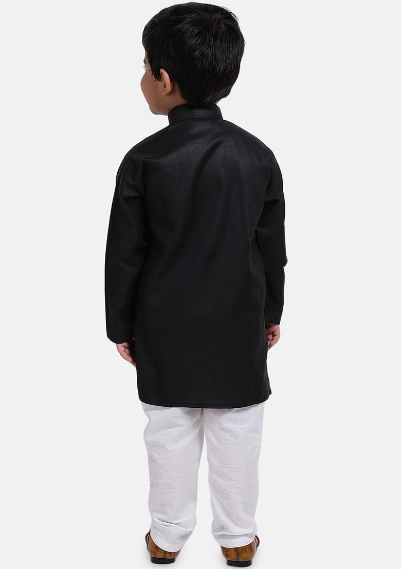 Black Solid Blended Kurta Set For Boys - Indya