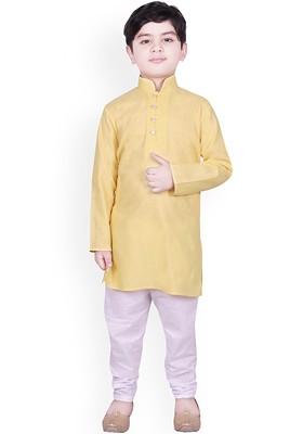 Yellow Solid Blended Kurta Set For Boys