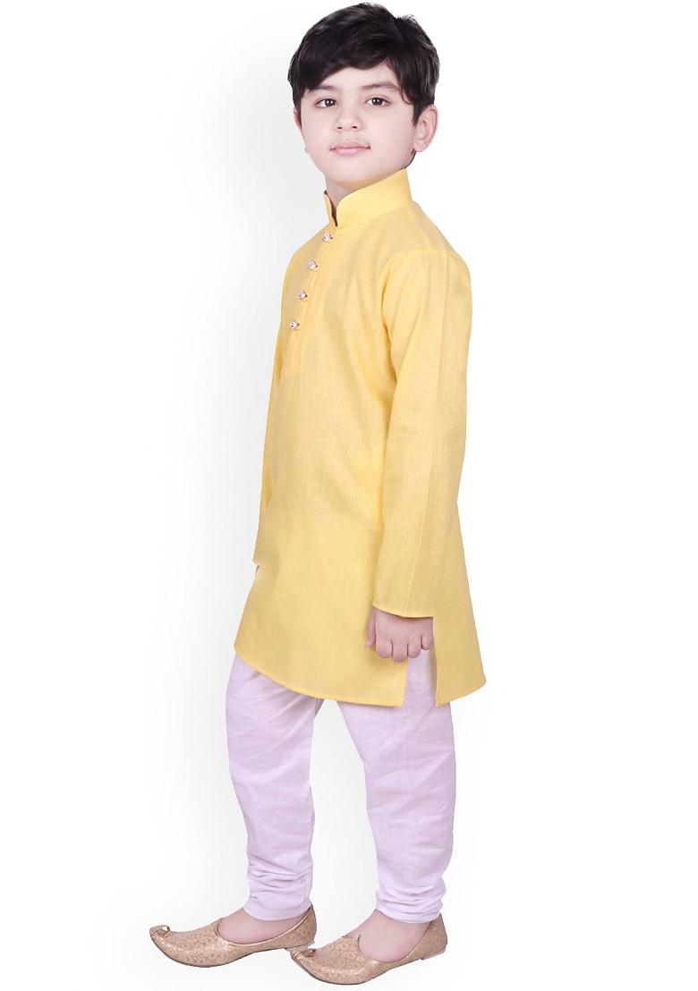 Yellow Solid Blended Kurta Set For Boys - Indya