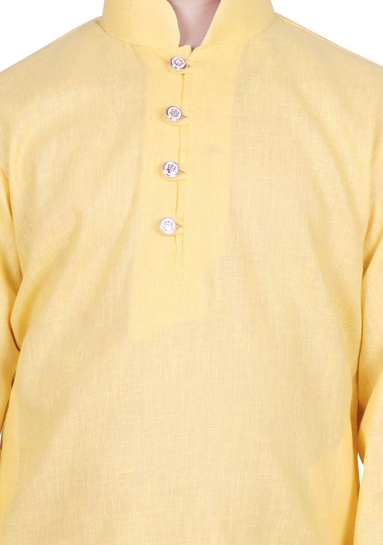 Yellow Solid Blended Kurta Set For Boys - Indya