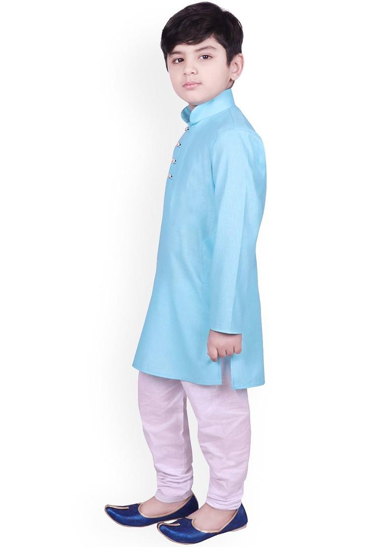 Blue Solid Blended Kurta Set For Boys - Indya