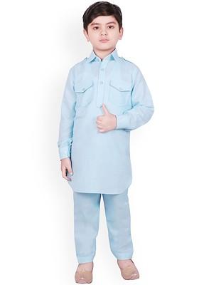 Blue Solid Blended Kurta Set For Boys