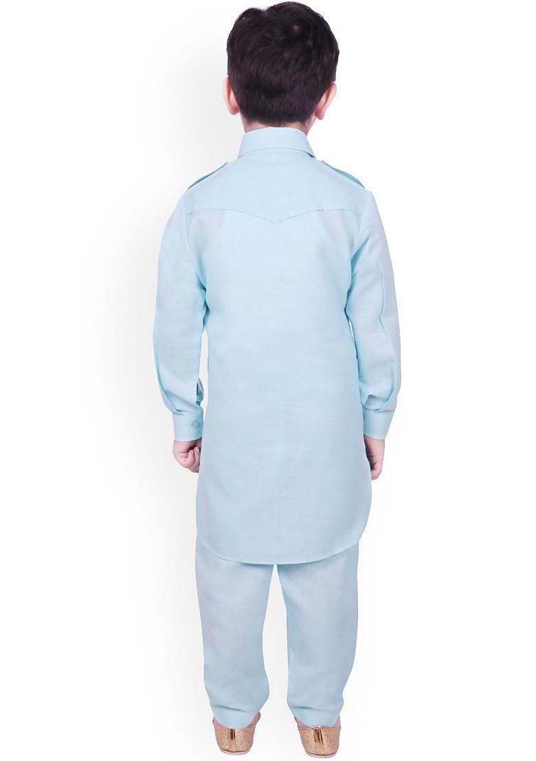 Blue Solid Blended Kurta Set For Boys - Indya