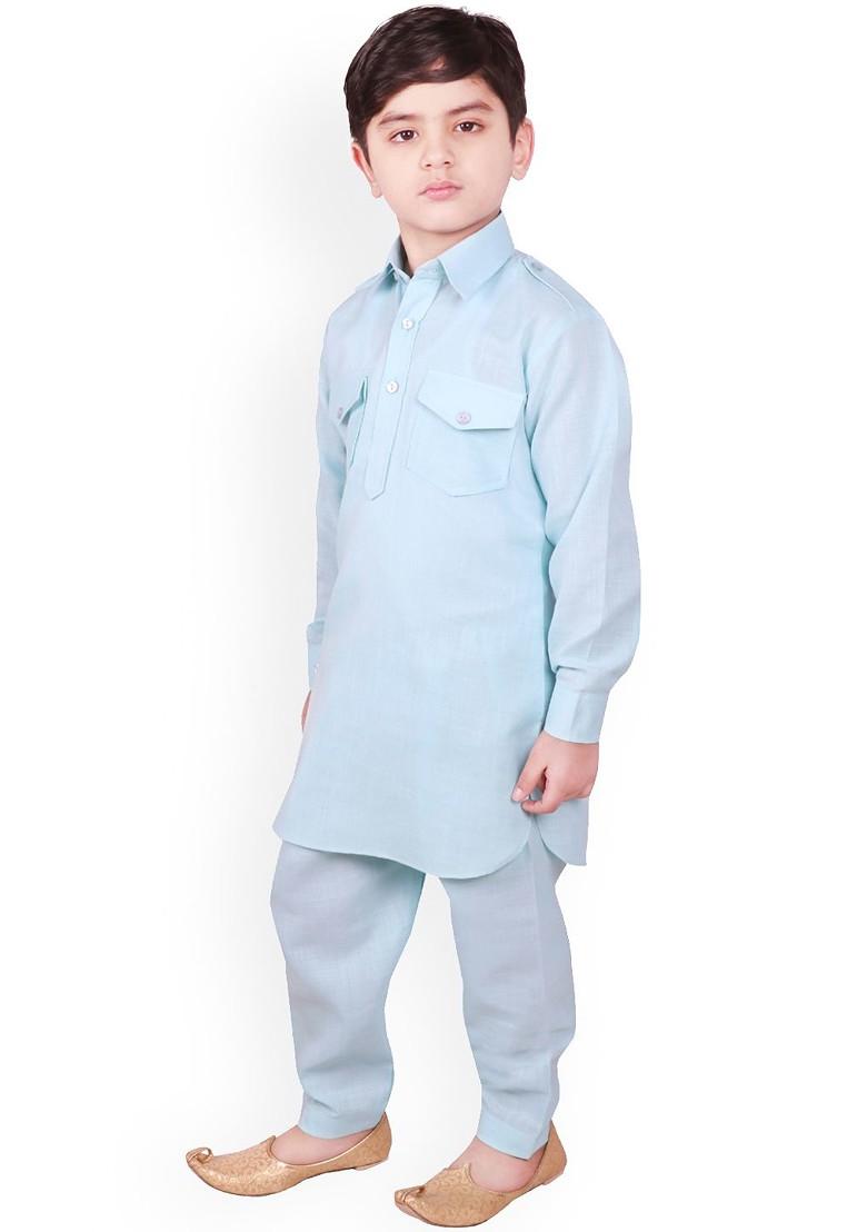 Blue Solid Blended Kurta Set For Boys - Indya