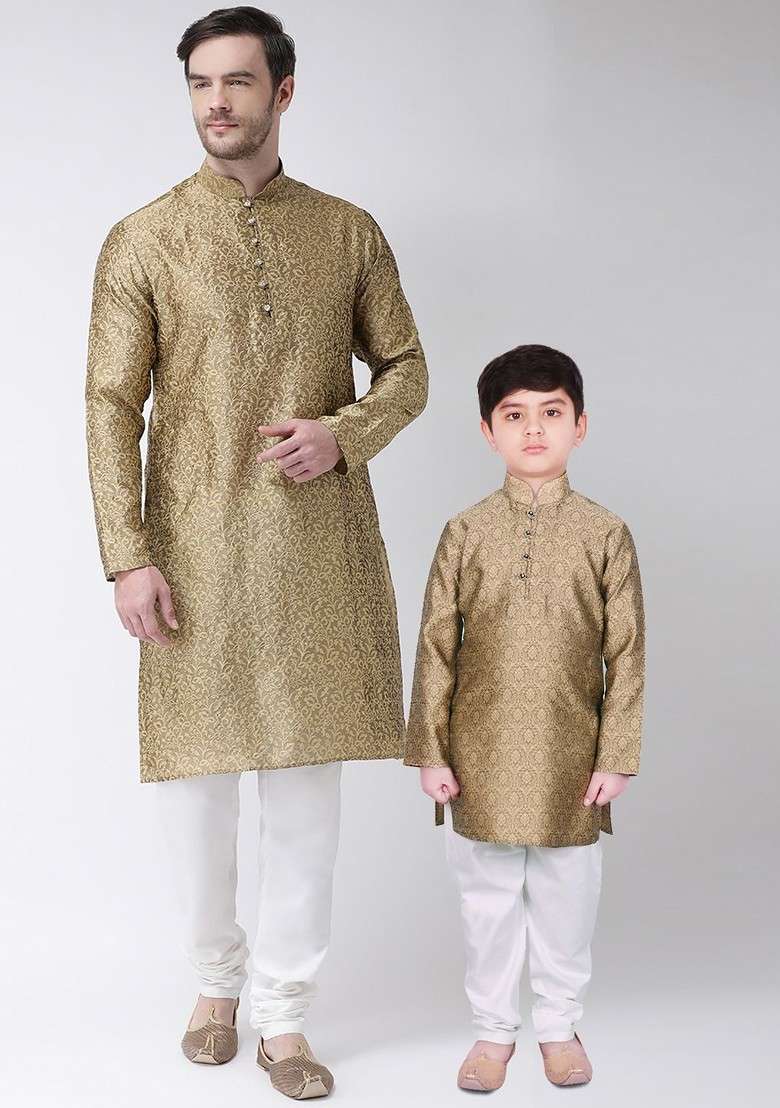 Brown Self Design Blended Kurta Set For Boys - Indya