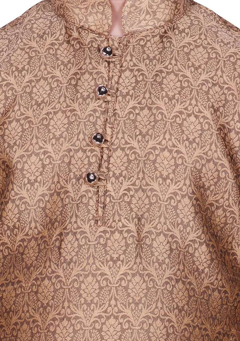 Brown Self Design Blended Kurta Set For Boys - Indya