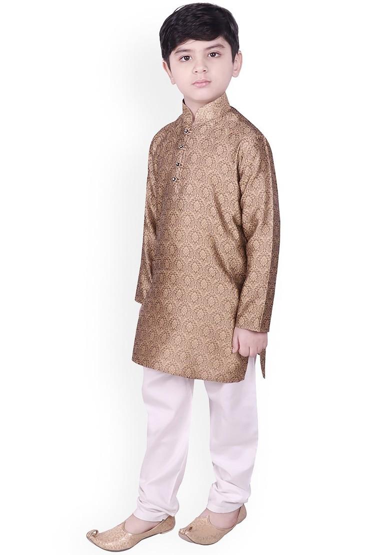 Brown Self Design Blended Kurta Set For Boys - Indya