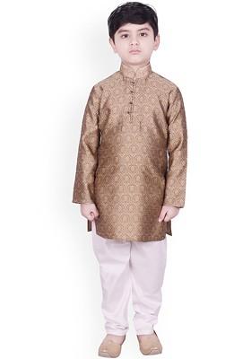 Brown Self Design Blended Kurta Set For Boys