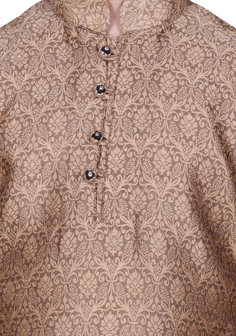 Brown Self Design Blended Kurta Set For Boys - Indya
