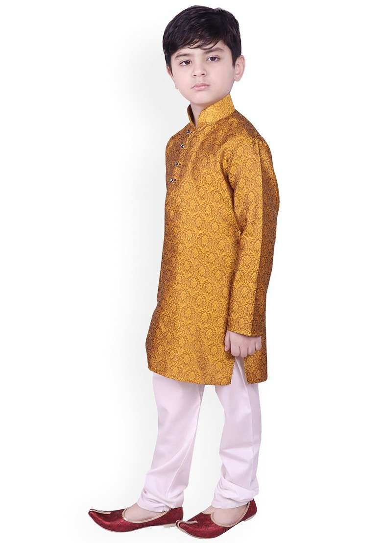 Mustard Self Design Blended Kurta Set For Boys - Indya