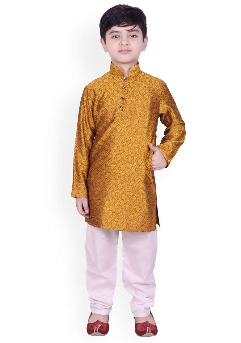 Mustard Self Design Blended Kurta Set For Boys - Indya