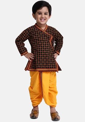Black Printed Blended Kurta Dhoti Set For Boys