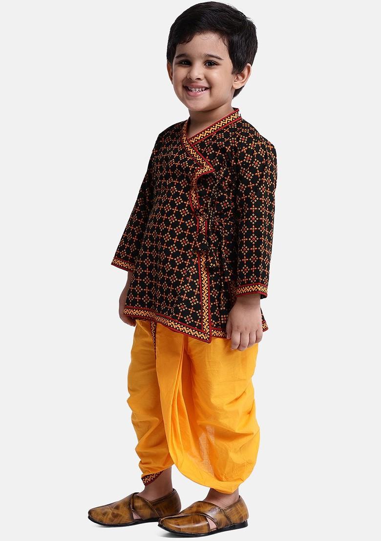 Black Printed Blended Kurta Dhoti Set For Boys - Indya