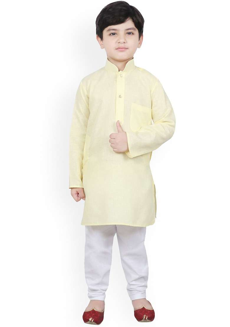 Yellow Solid Blended Kurta Set For Boys - Indya