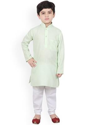 Green Solid Blended Kurta Set For Boys
