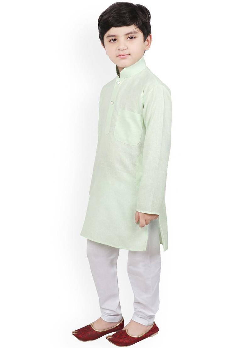 Green Solid Blended Kurta Set For Boys - Indya