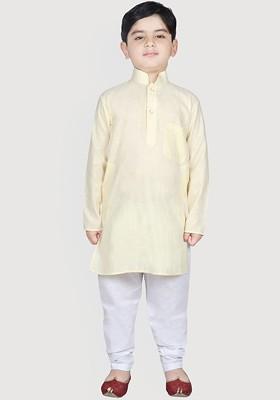 Yellow Solid Blended Kurta Set For Boys
