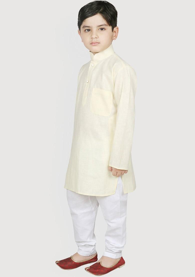 Yellow Solid Blended Kurta Set For Boys - Indya