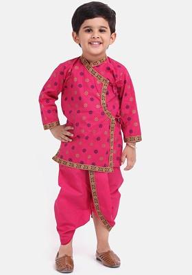 Pink Printed Blended Kurta Dhoti Set For Boys