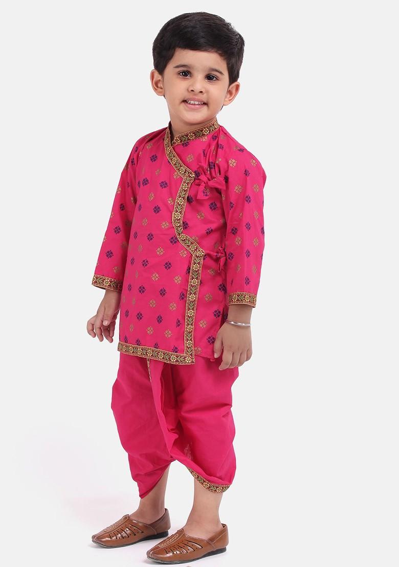 Pink Printed Blended Kurta Dhoti Set For Boys - Indya