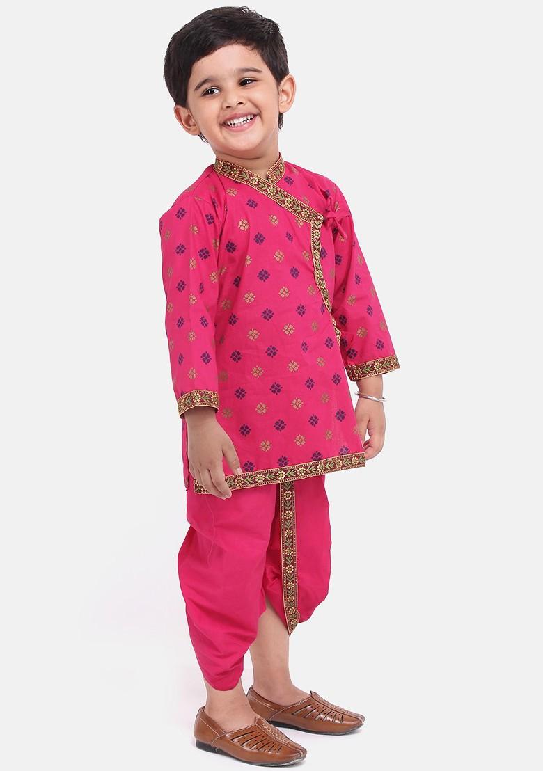 Pink Printed Blended Kurta Dhoti Set For Boys - Indya