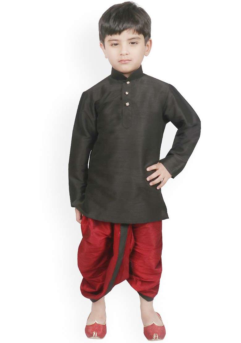 Black Solid Silk Kurta Dhoti Set For Boys - Indya
