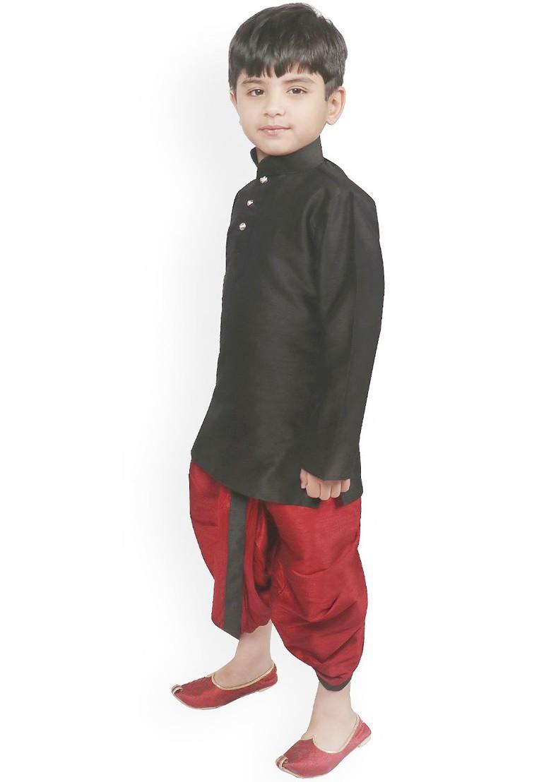 Black Solid Silk Kurta Dhoti Set For Boys - Indya