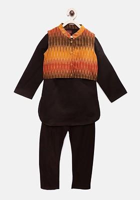 Black Solid Blended Kurta Set For Boys
