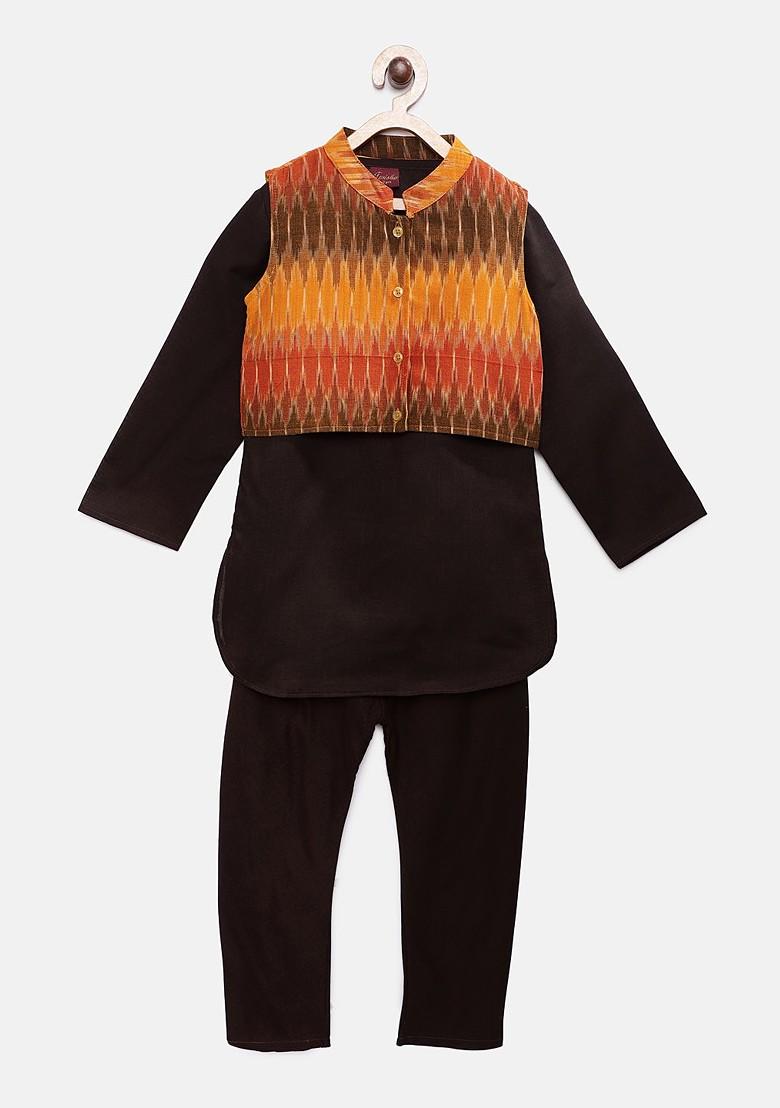 Black Solid Blended Kurta Set For Boys - Indya