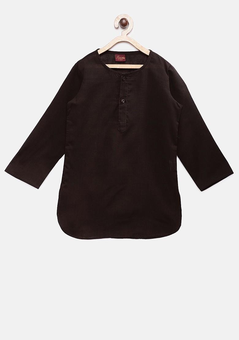 Black Solid Blended Kurta Set For Boys - Indya