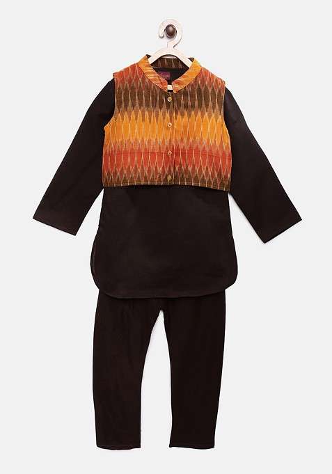 Black Solid Blended Kurta Set For Boys