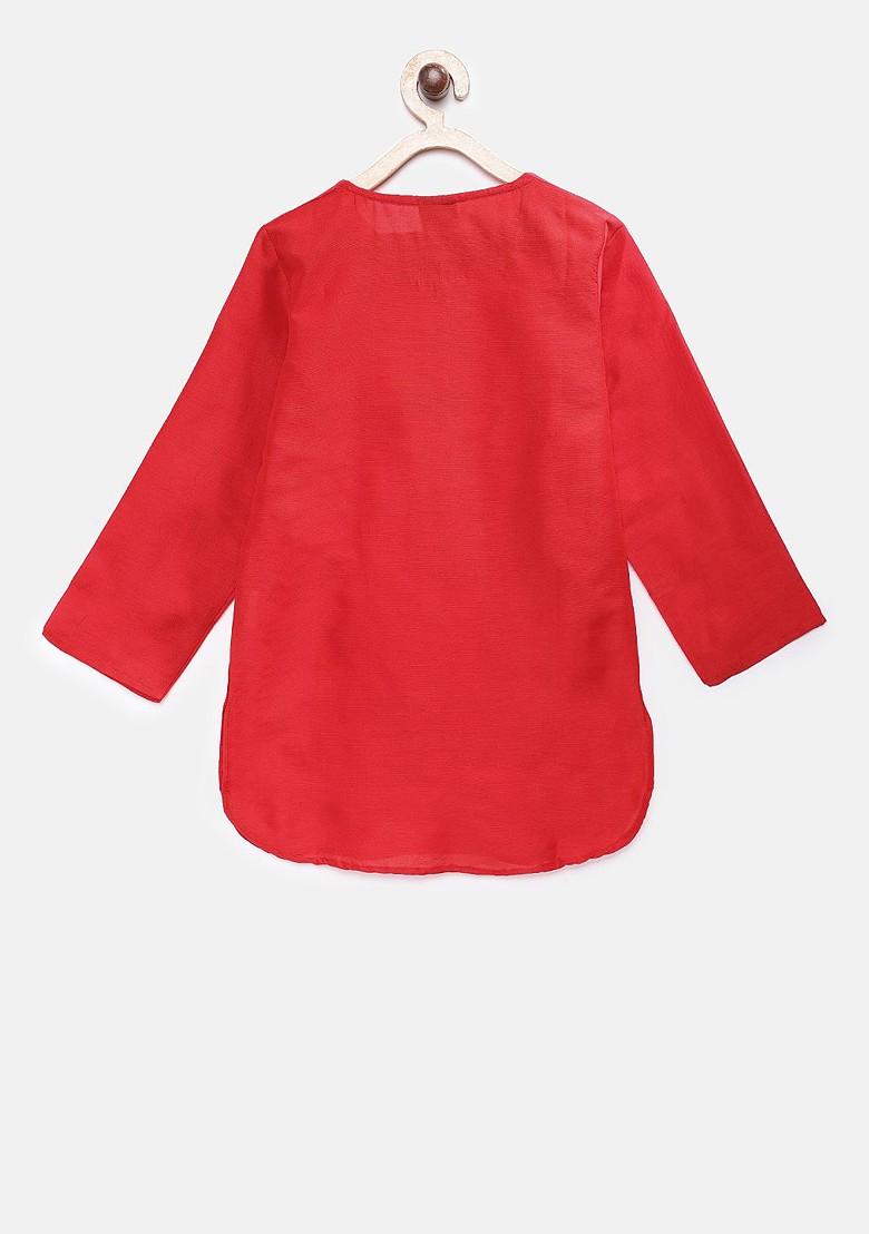 Red Solid Blended Kurta Set For Boys - Indya