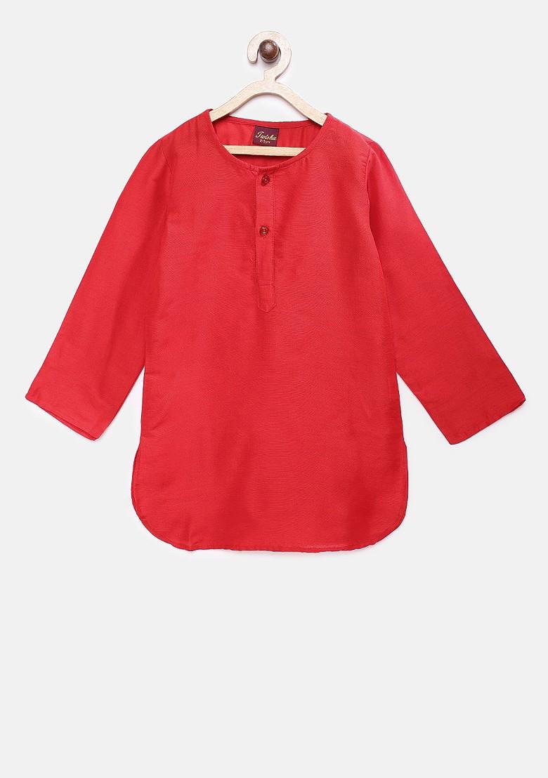 Red Solid Blended Kurta Set For Boys - Indya