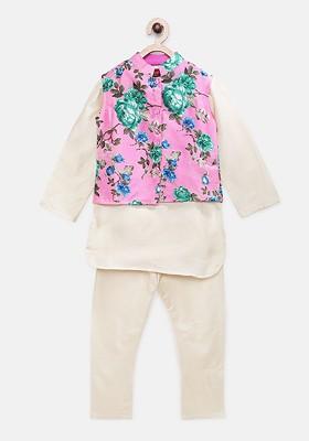 Off White Solid Blended Kurta Set For Boys