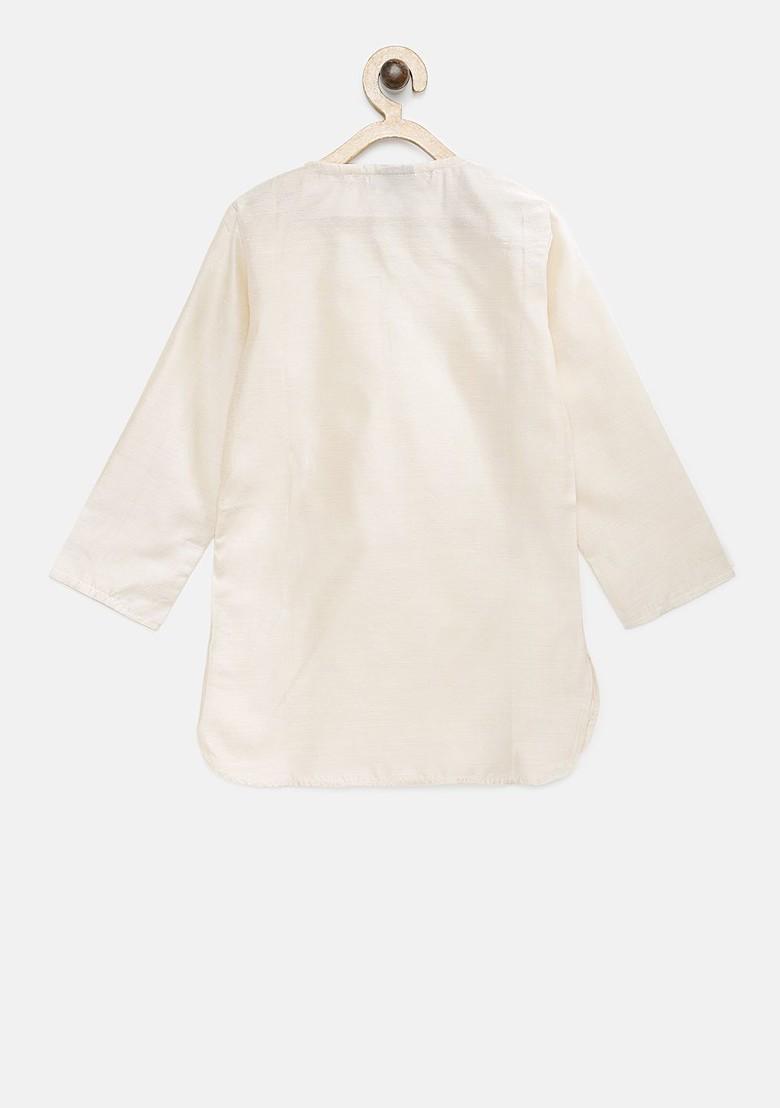 Off White Solid Blended Kurta Set For Boys - Indya