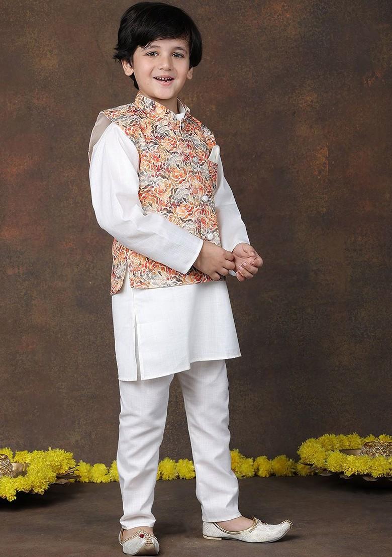 Orange Embroidered Cotton Kurta Set For Boys - Indya