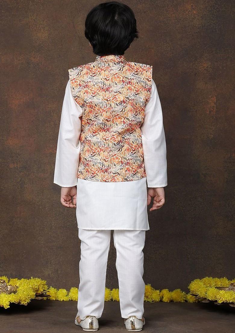 Orange Embroidered Cotton Kurta Set For Boys - Indya