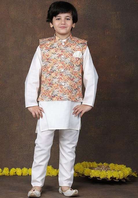 Orange Embroidered Cotton Kurta Set For Boys