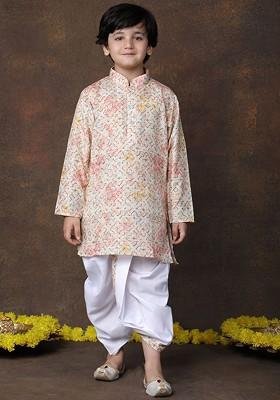 Peach Printed Cotton Kurta Dhoti Set For Boys