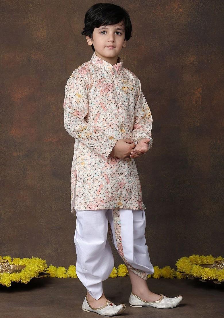 Peach Printed Cotton Kurta Dhoti Set For Boys - Indya